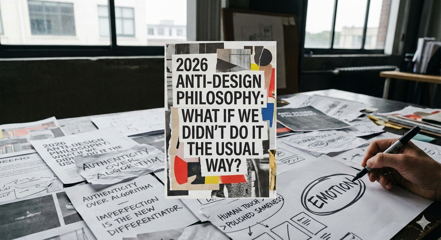 Design system exploration with anti-design poster, sketches, and creative layout ideas on desk